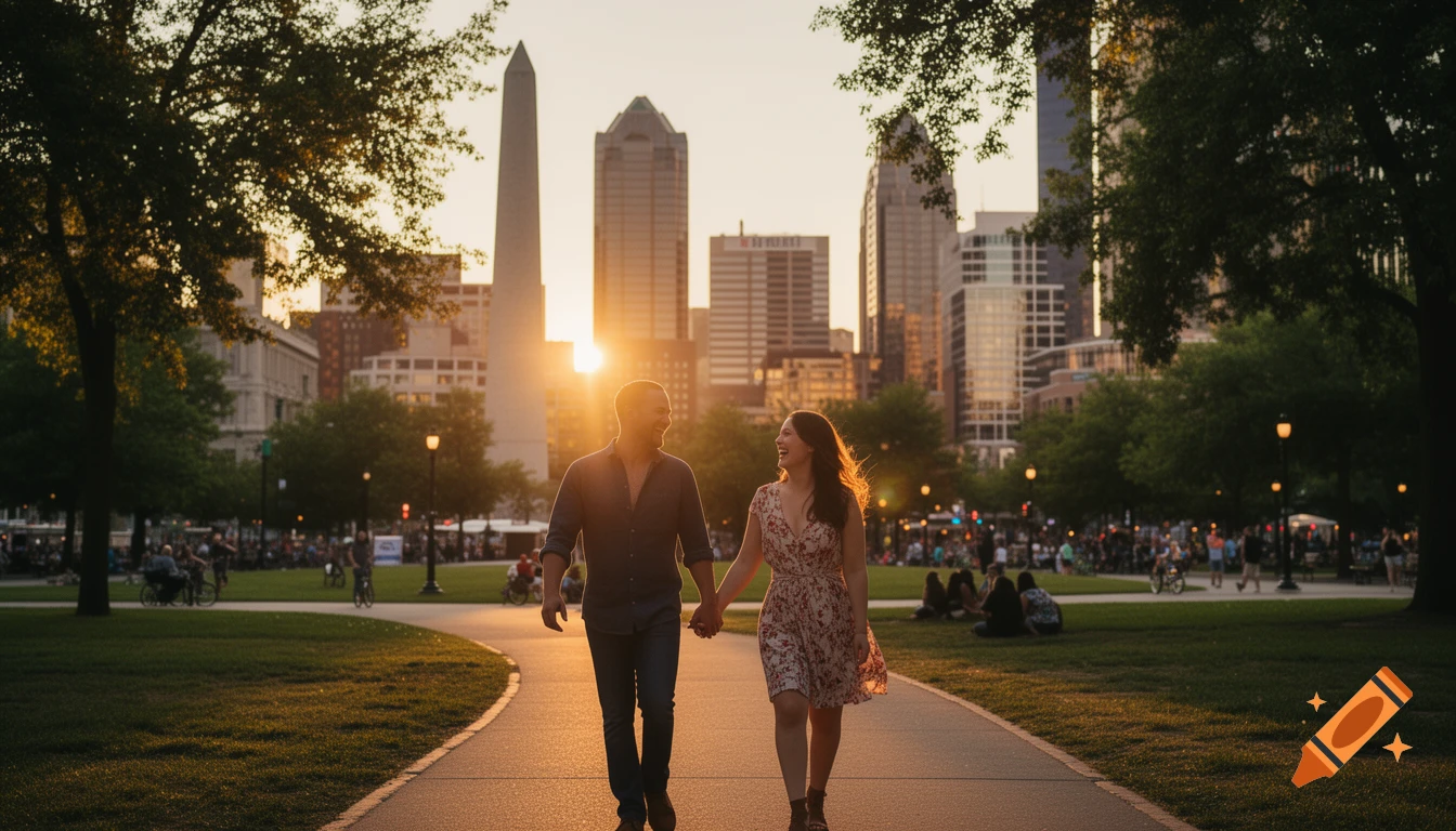 A smiling couple walks hand-in-hand down a park path at sunset, with a city skyline and obelisk monument in the background.