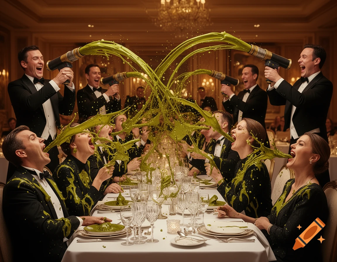 Men in tuxedos and women in formal wear at an upscale dinner party shoot and are splattered with green sludge, laughing.