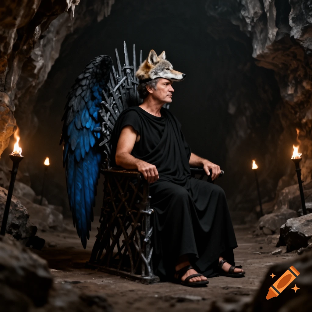 A man in a black toga and sandals, wearing a wolf head hat, sits on a spiky iron throne with a blue-feathered wing attached. He is in a dark cave lit by torches.
