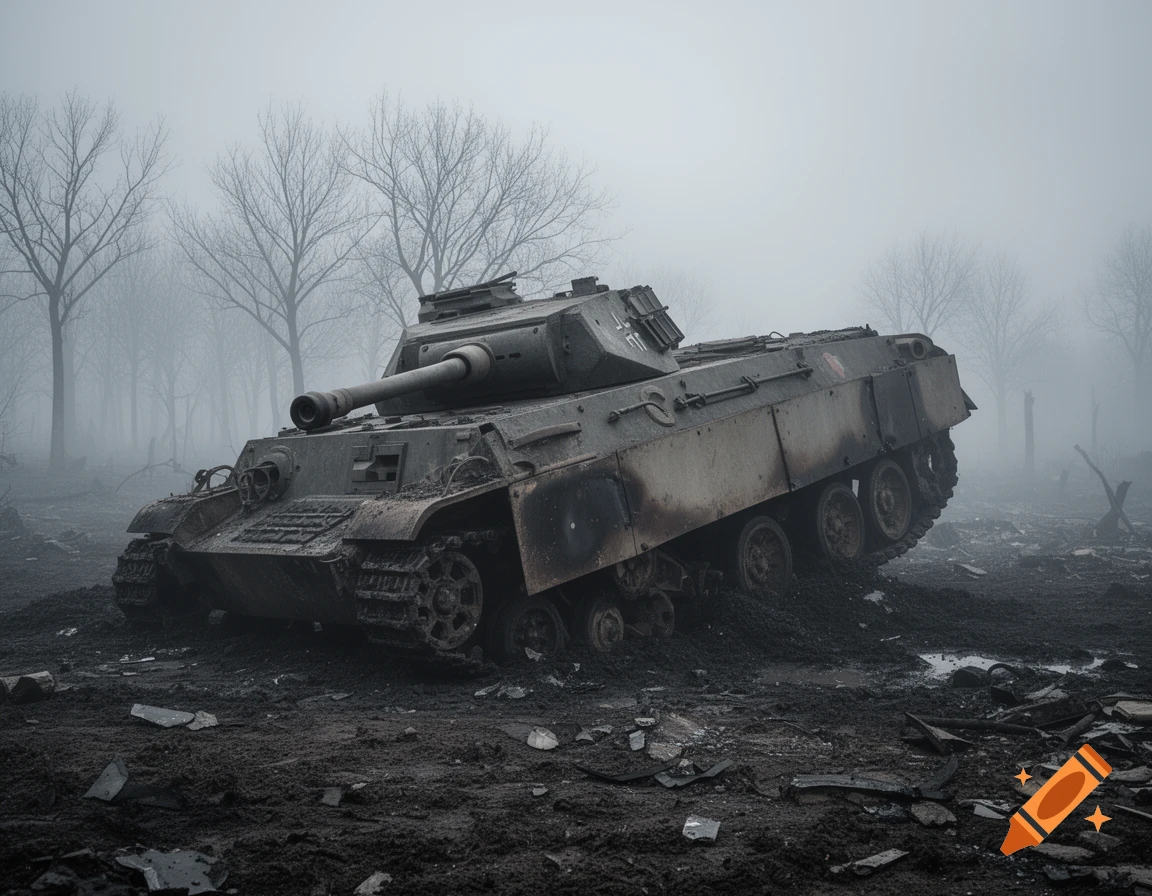 A photorealistic image of a destroyed, muddy German World War II tank resting on its side in a desolate, foggy landscape with bare trees.