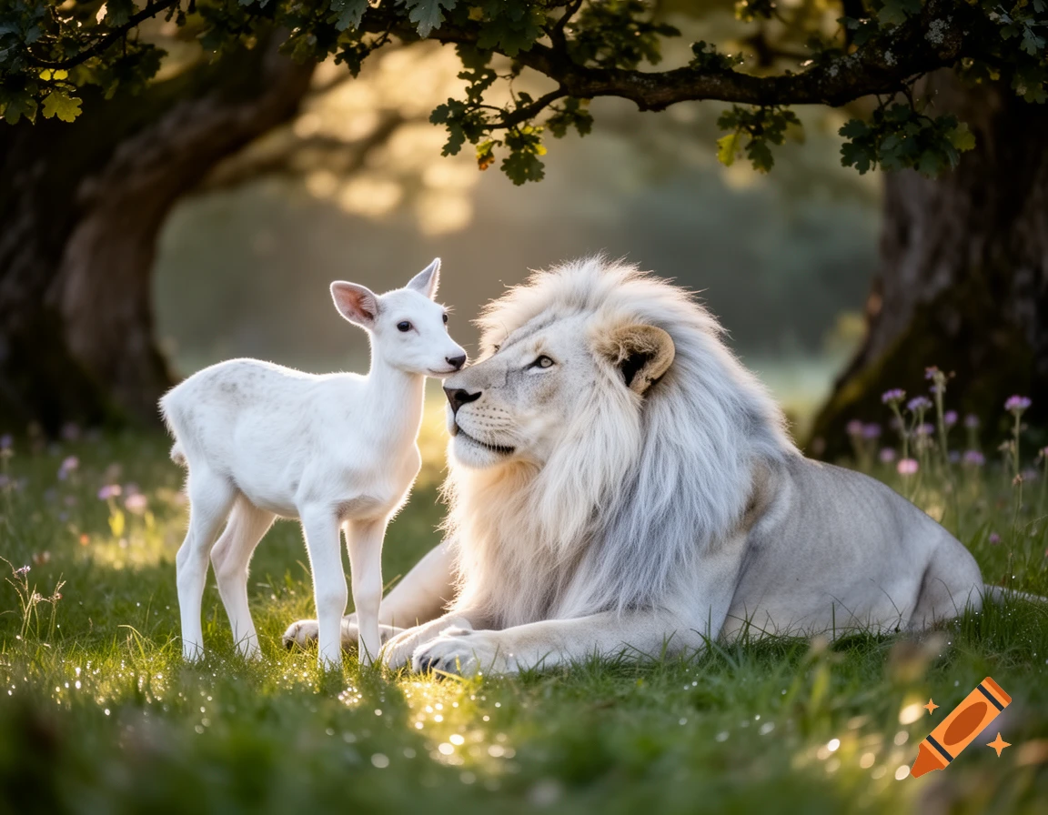 A white lion lies in sun-dappled green grass, looking affectionately at a small white deer standing beside it. Photorealistic.