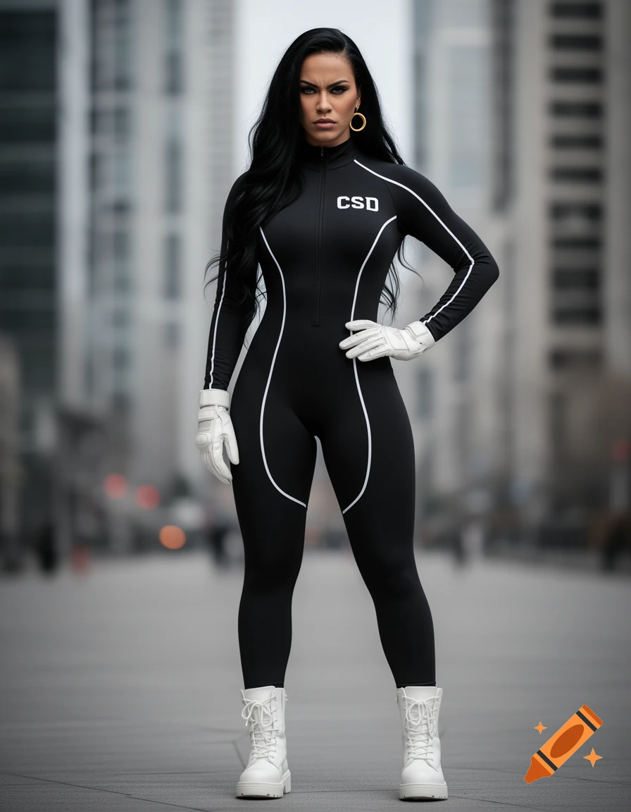 A stoic woman in a black, form-fitting bodysuit with white piping and "CSD" on the chest, white gloves, and combat boots, stands in an urban setting.