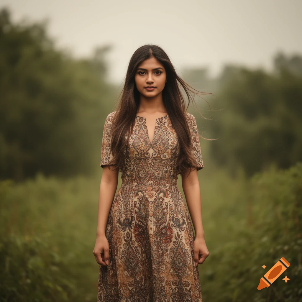 A young woman with long dark hair stands in a patterned dress amidst a blurred green landscape, looking at the viewer.