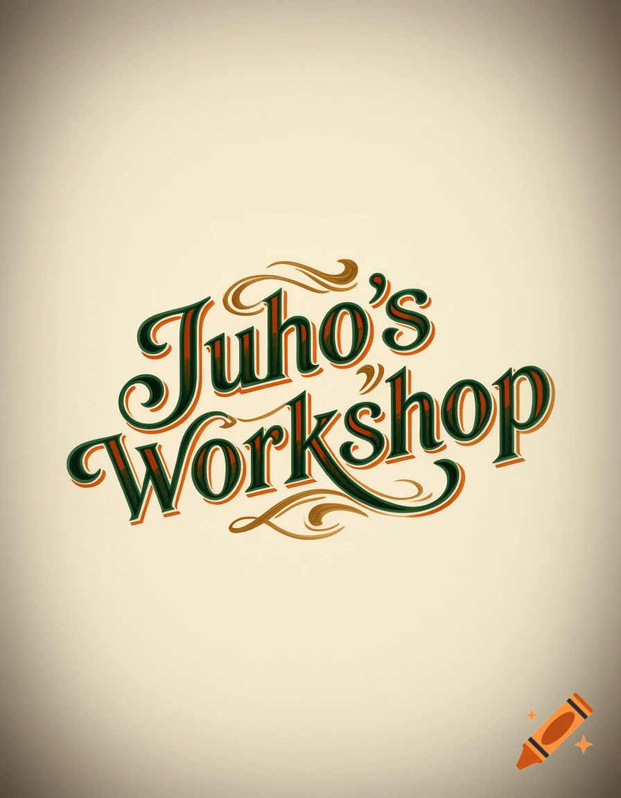 Ornate green, red, and gold script spelling 'Juho's Workshop' on a light background, resembling a vintage logo.