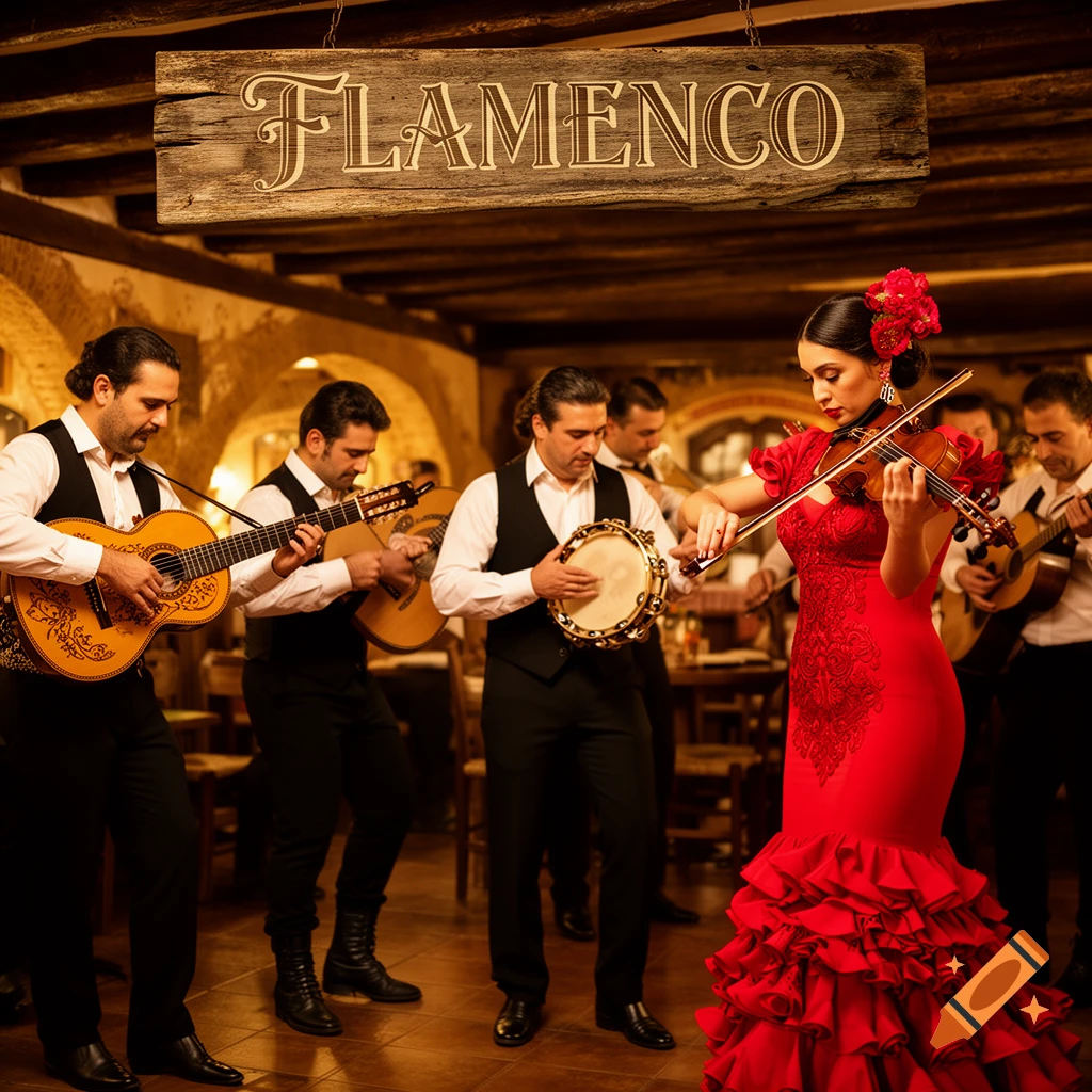 A flamenco group performing: a woman in a red dress plays violin, men play guitars and tambourine under a 'FLAMENCO' sign.