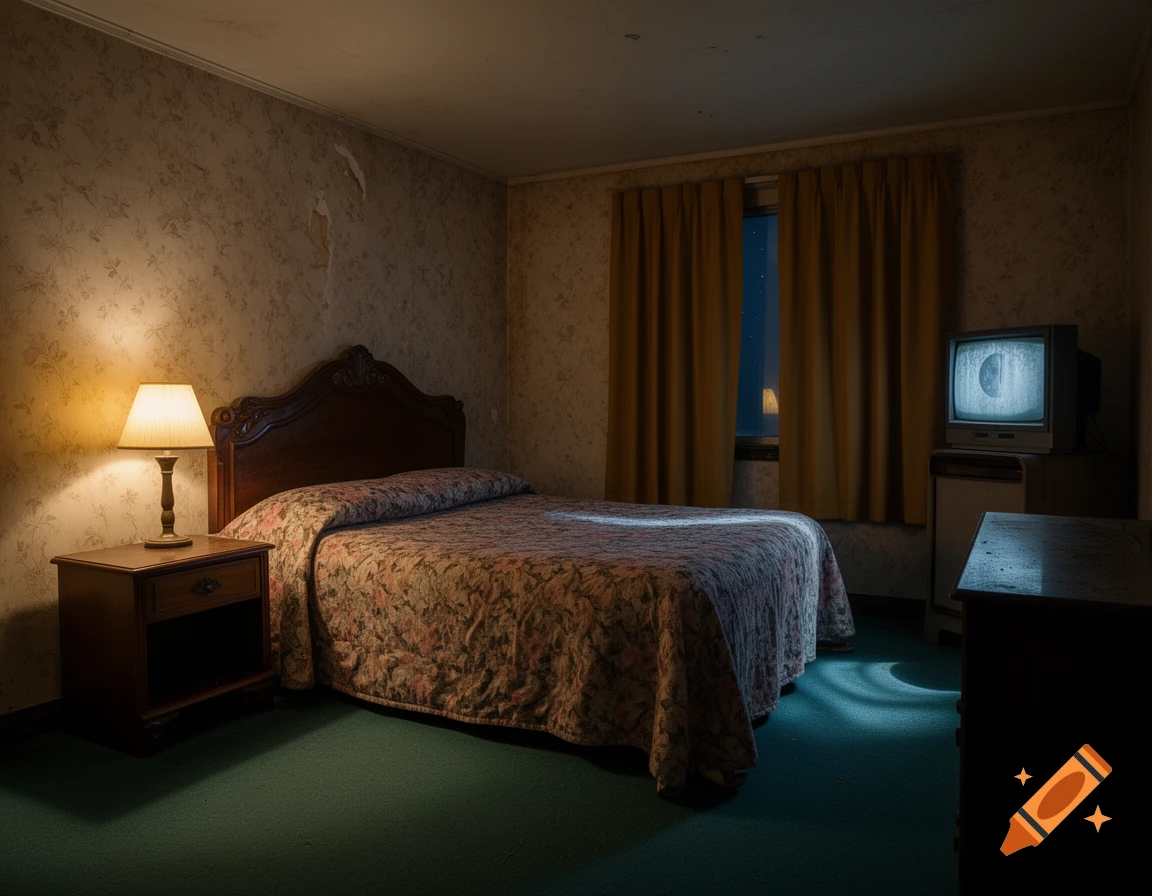 A dimly lit, photorealistic motel room at night with a floral bedspread, a lamp on a nightstand, and an old TV showing static.