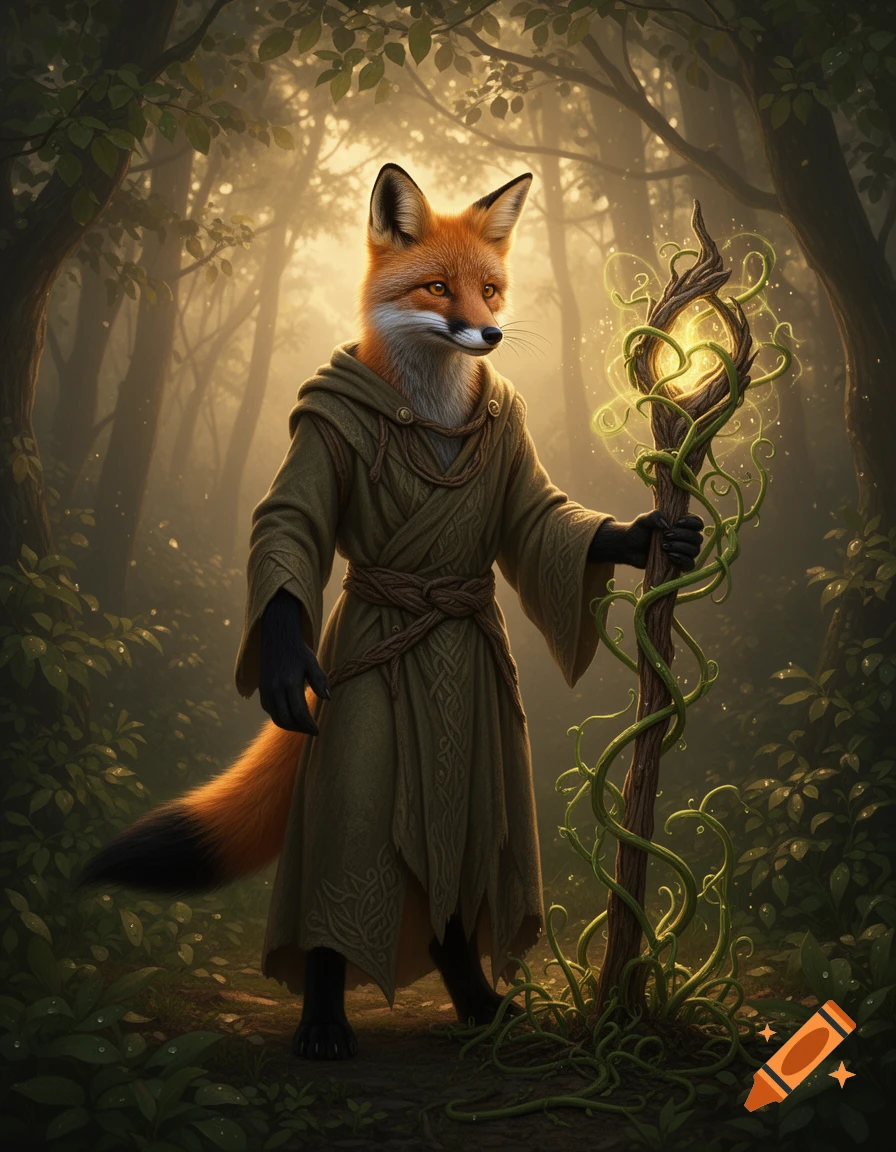 An anthropomorphic red fox druid in green robes stands in a forest, holding a glowing magical staff with green vines.