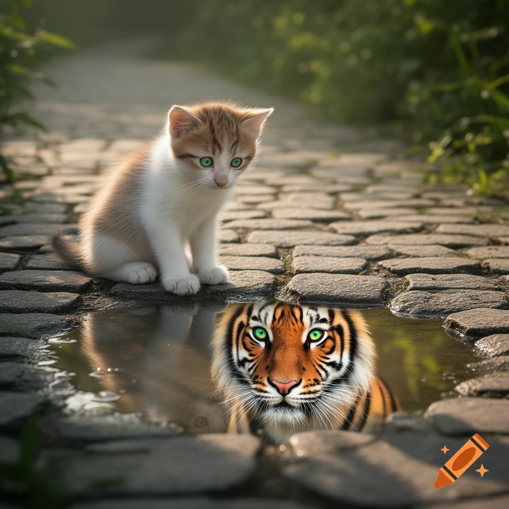 A small kitten with green eyes sits on a cobblestone path, looking into a puddle that reflects the face of a tiger.