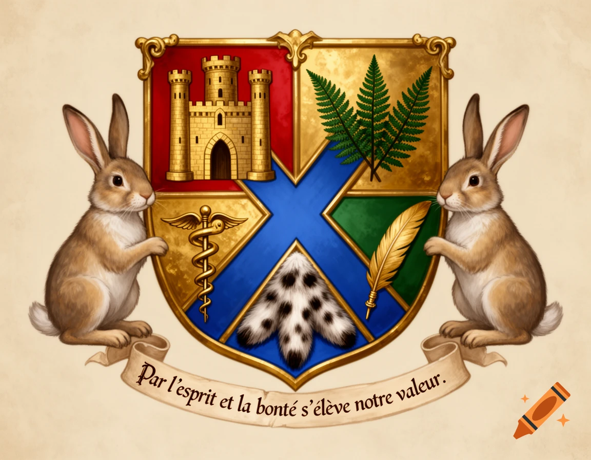 Illustrated coat of arms featuring a shield with a castle, ferns, caduceus, feather, and ermine fur, supported by two rabbits, with a French motto on a banner.