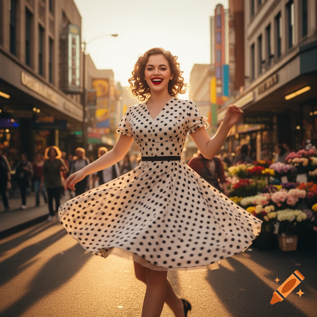 A joyful woman in a white polka dot dress twirls on a sunlit city street.