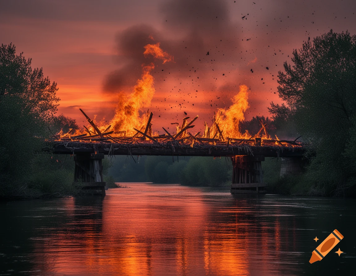A wooden bridge engulfed in flames over a river at sunset, with a fiery orange sky and smoke rising.
