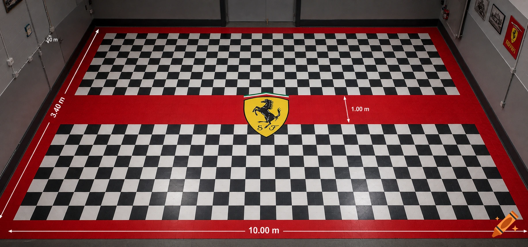 Aerial view of a garage floor with a black and white checkered pattern, a central red stripe with a Ferrari logo, and dimension annotations.