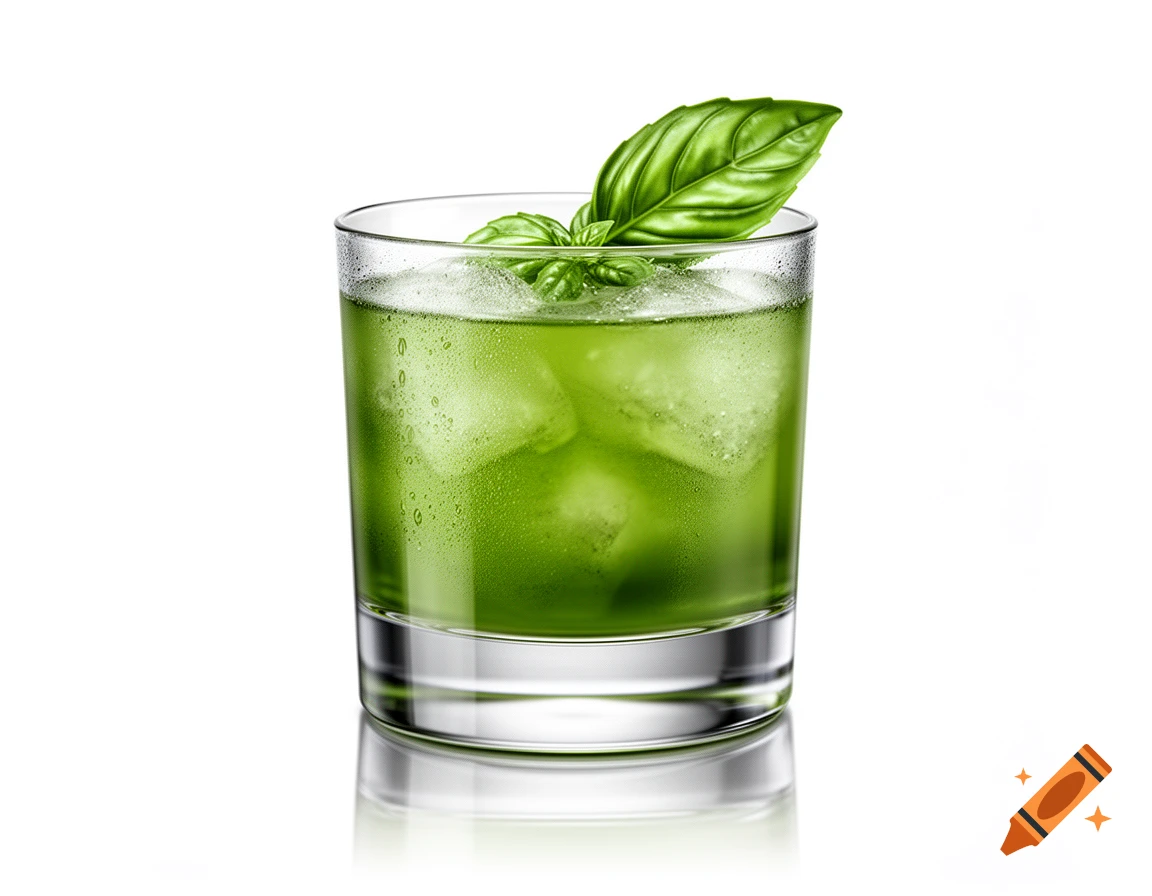 Photorealistic green basil smash cocktail with ice and a fresh basil leaf, reflecting on a white surface.
