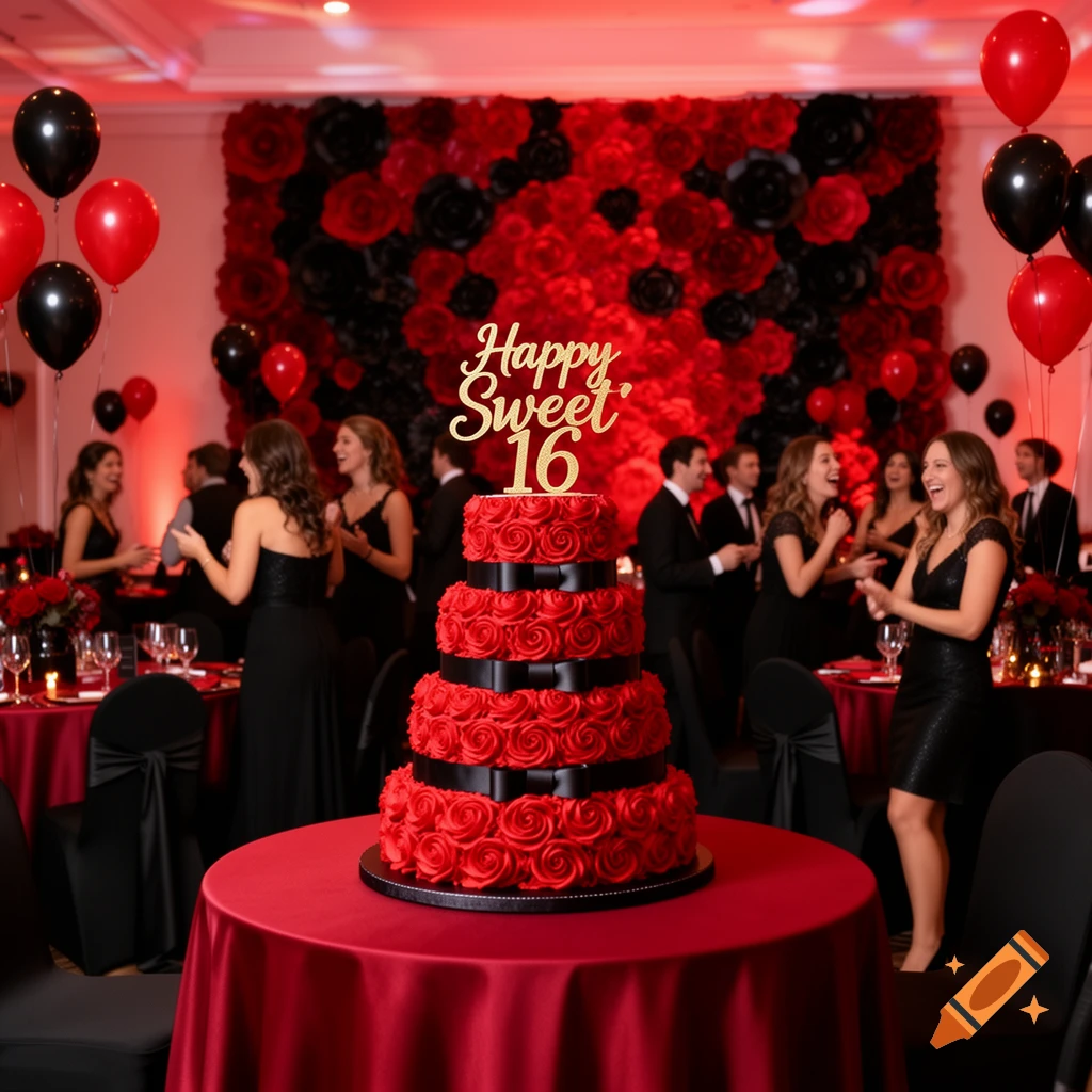 A four-tier red cake with black ribbons and a 'Happy Sweet 16' topper at a red and black themed party with guests.