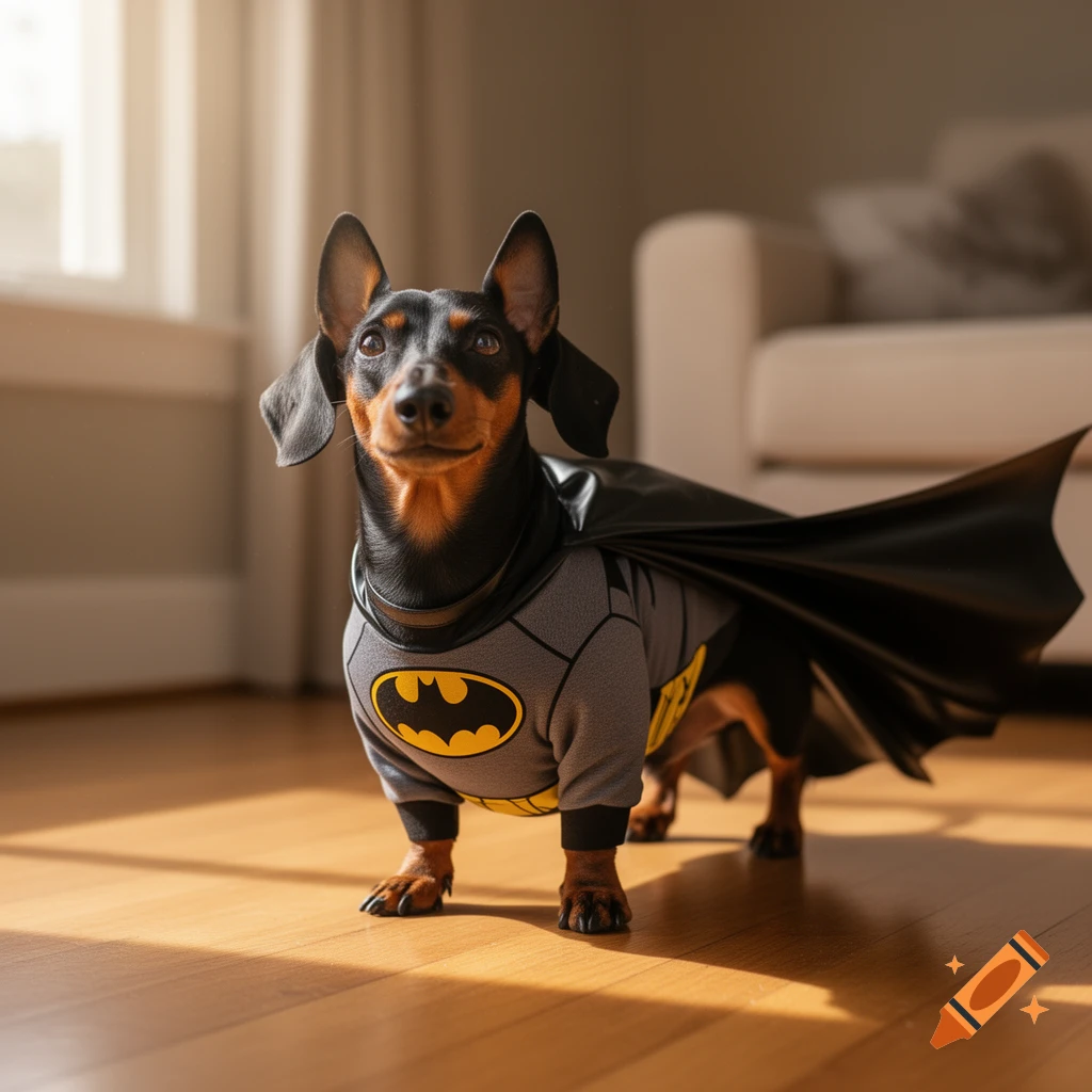 A dachshund dog wearing a grey Batman costume with a yellow logo and black cape, standing on a wooden floor.