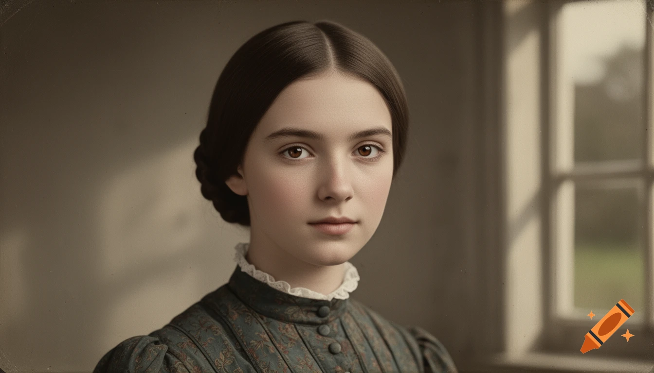 A photorealistic portrait of a young woman with dark hair in a bun, wearing a Victorian dress and ruffled collar, looking forward.