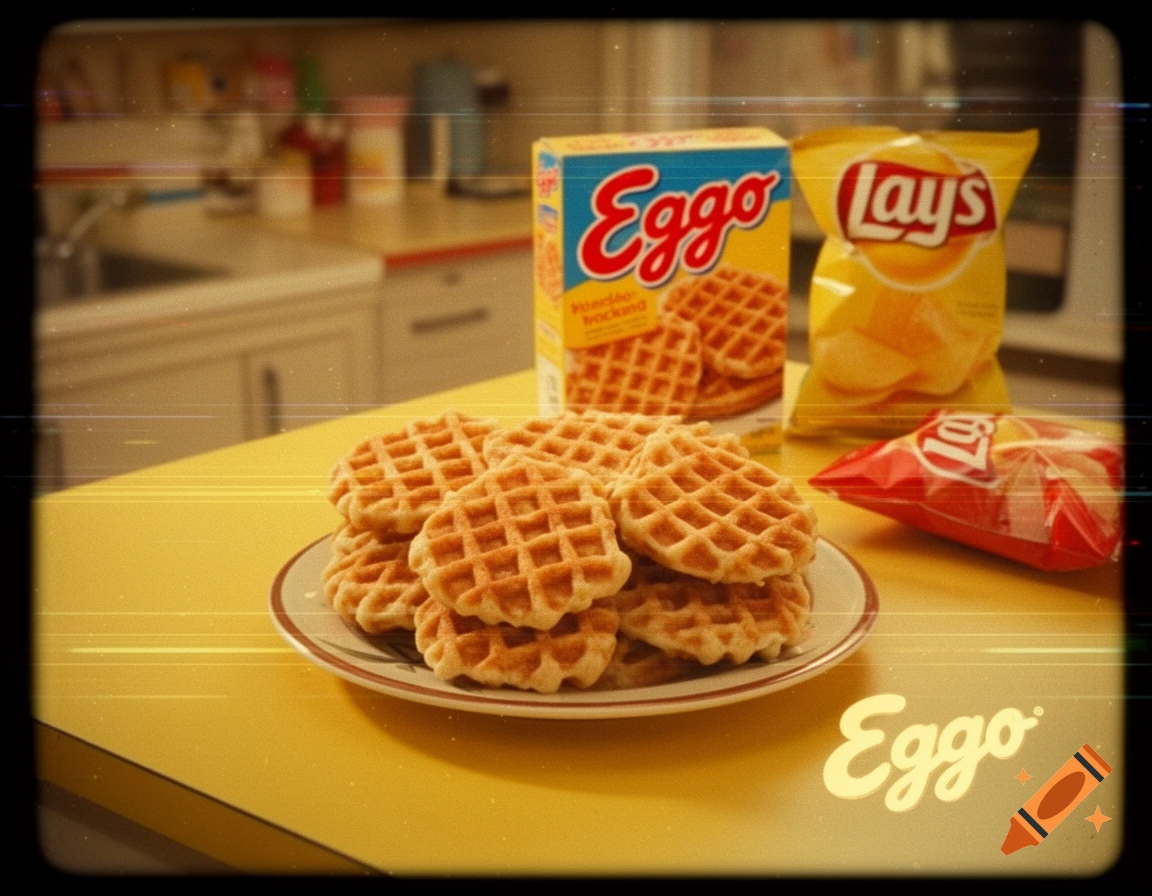 A plate of Eggo waffles on a yellow table, with an Eggo box and Lays chip bags behind them, featuring a VHS error effect.