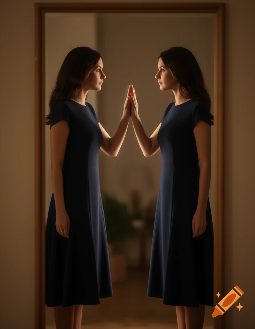 A woman in a navy dress stands sideways, touching her reflection in a framed mirror with her fingertips.