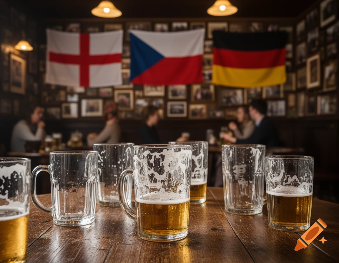 Photorealistic image of a pub table with several beer mugs, some full, some empty. National flags hang on the wall in the blurred background.