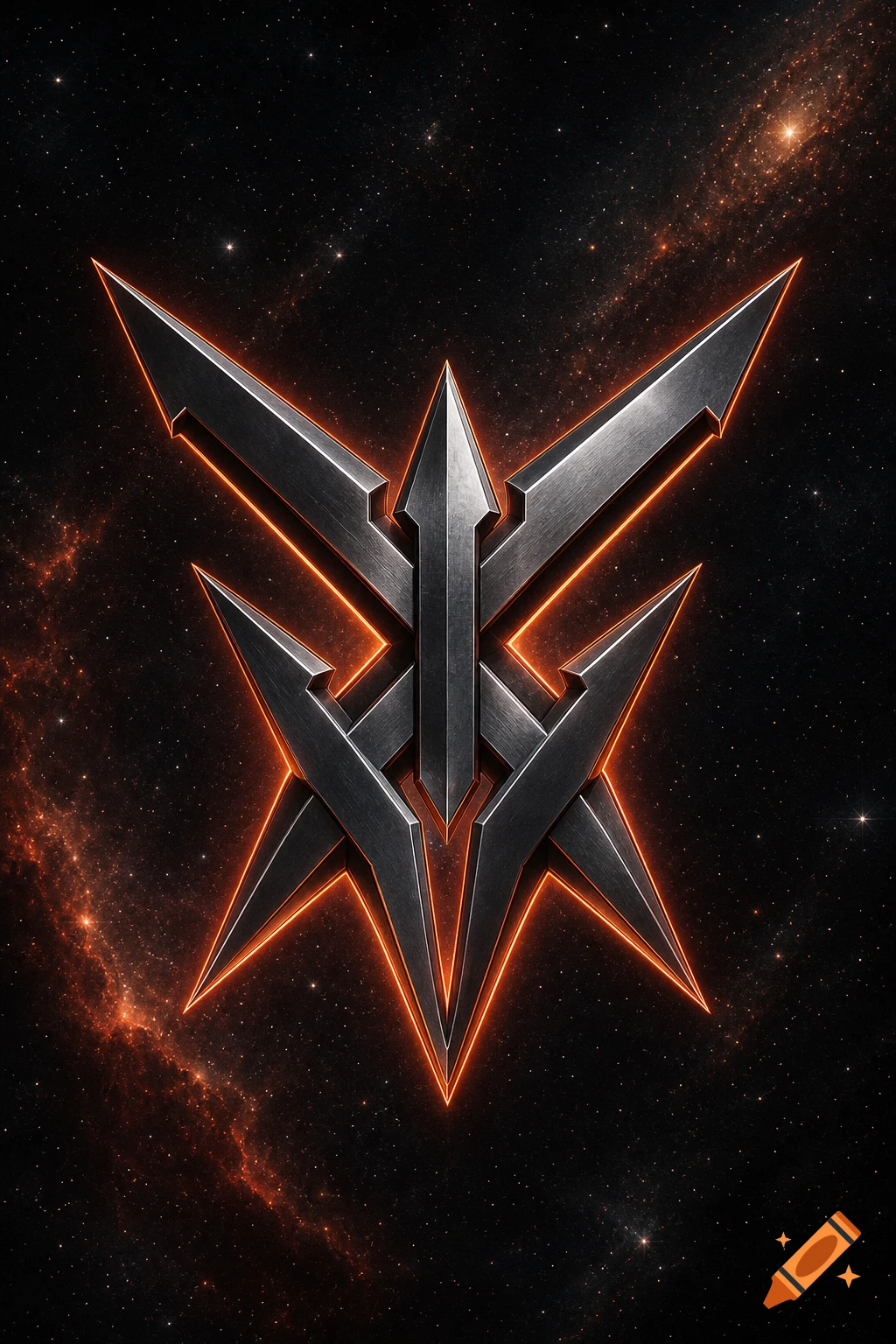 A metallic, angular symbol with an orange glow against a dark, star-filled space background with nebulae.