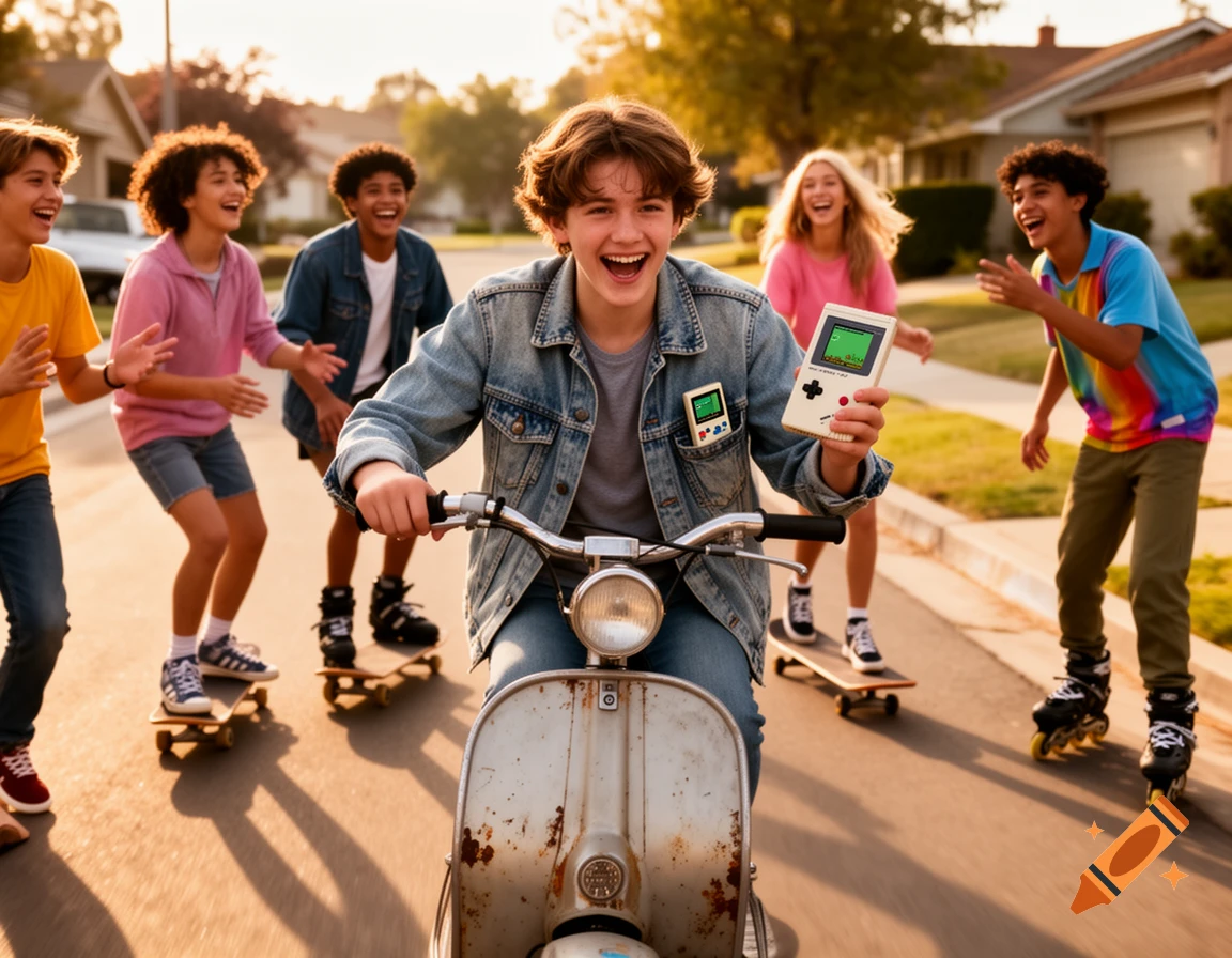A group of happy teenagers, one on a scooter holding a Game Boy, and others on skateboards and rollerblades, laugh together on a sunny street.