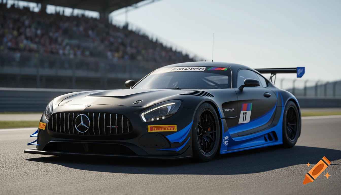A black Mercedes-AMG GT3 Evo race car with blue accents and the number 11 on the side, parked on a race track with grandstands in the background, photorealistic style.