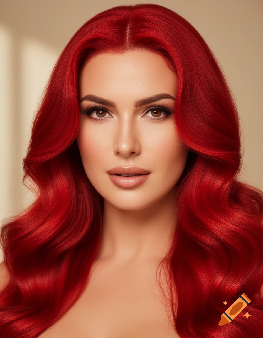 Close-up photorealistic portrait of a woman with vibrant red, wavy hair and makeup