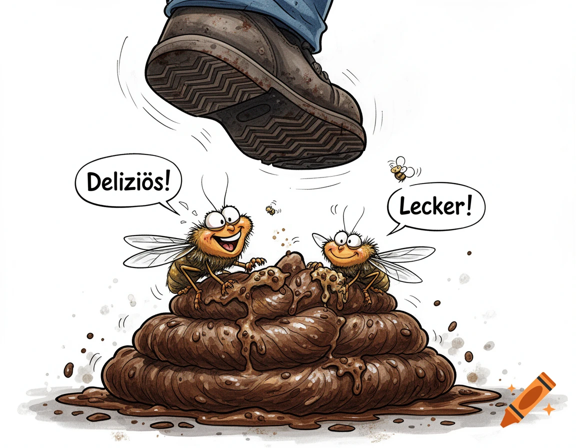 Two cartoon flies happily eating a pile of feces, saying 'Deliziös!' and 'Lecker!', as a dirty shoe is about to step on them. Cartoon style.