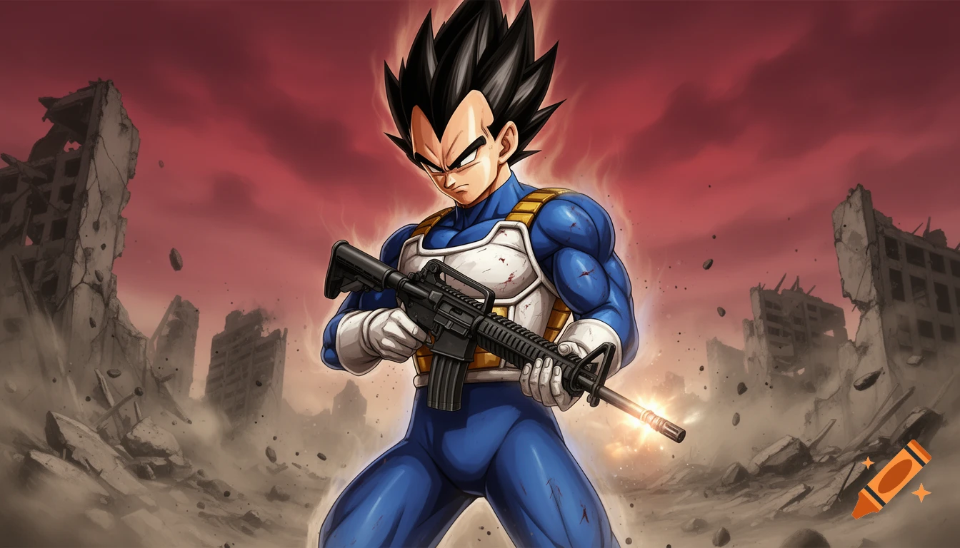 Anime character Vegeta in blue armor holds an AR-15 rifle in a war-torn city under a red sky.