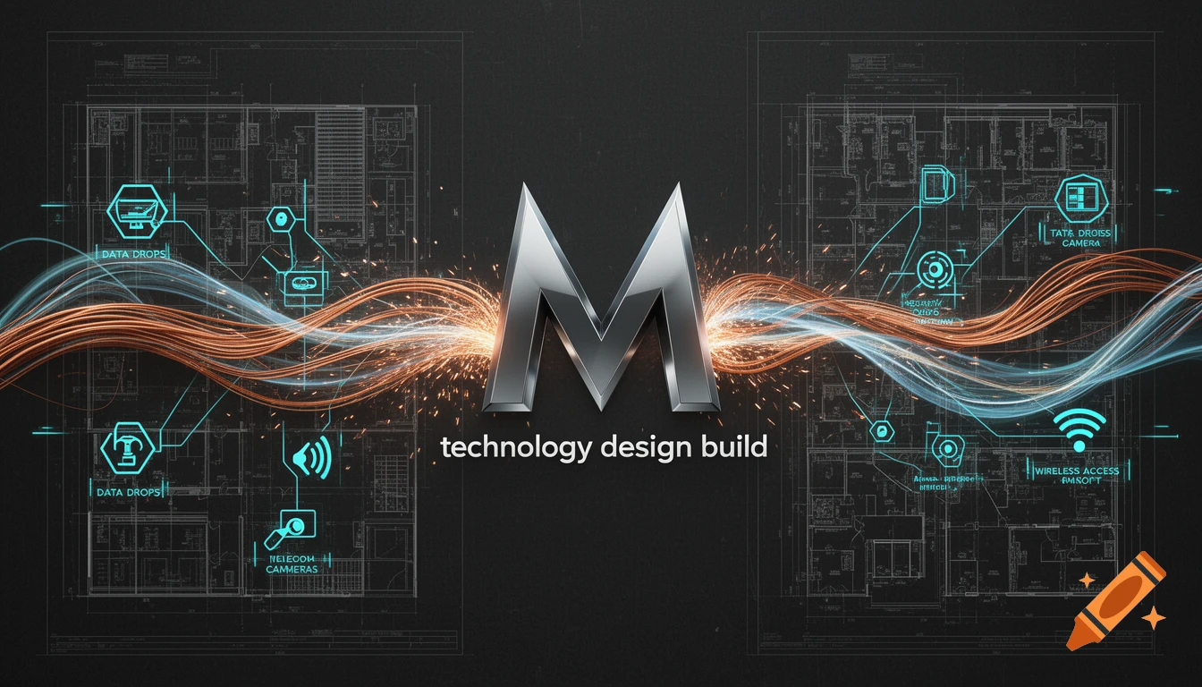 A metallic M logo with the slogan 'technology design build' against blueprints, surrounded by glowing data lines and sparks.