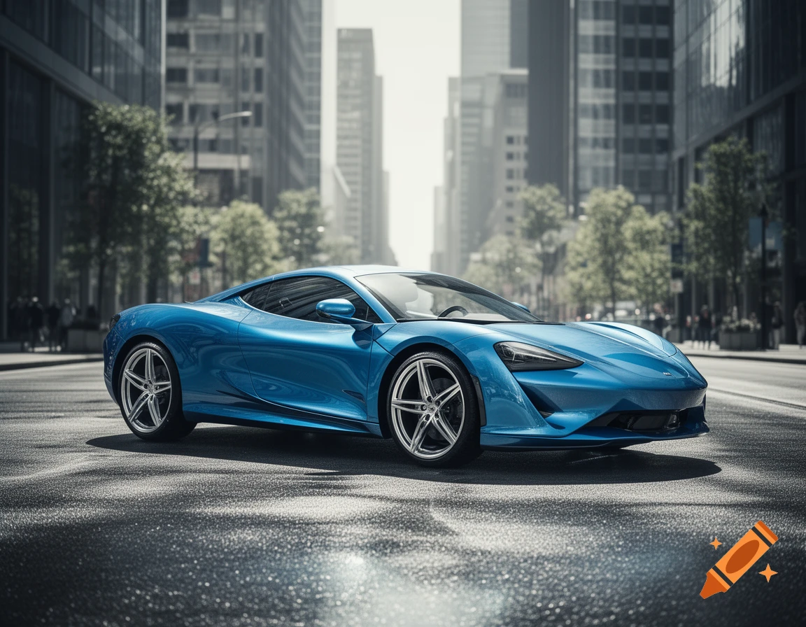 A blue sports car parked on a wet city street with tall buildings and trees in the background, photorealistic style.