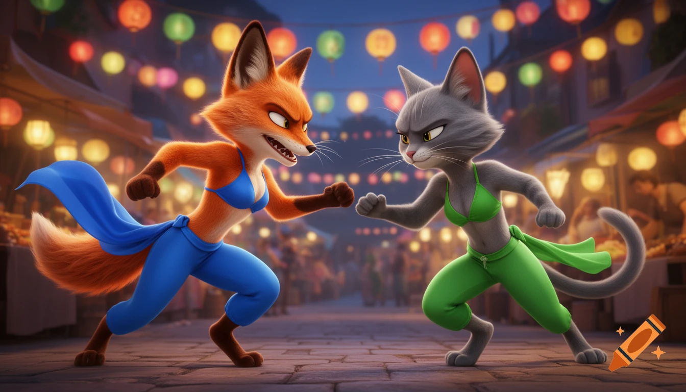 A CGI animated female fox in blue and a grey female cat in green face each other in fighting poses on a market street with lanterns.