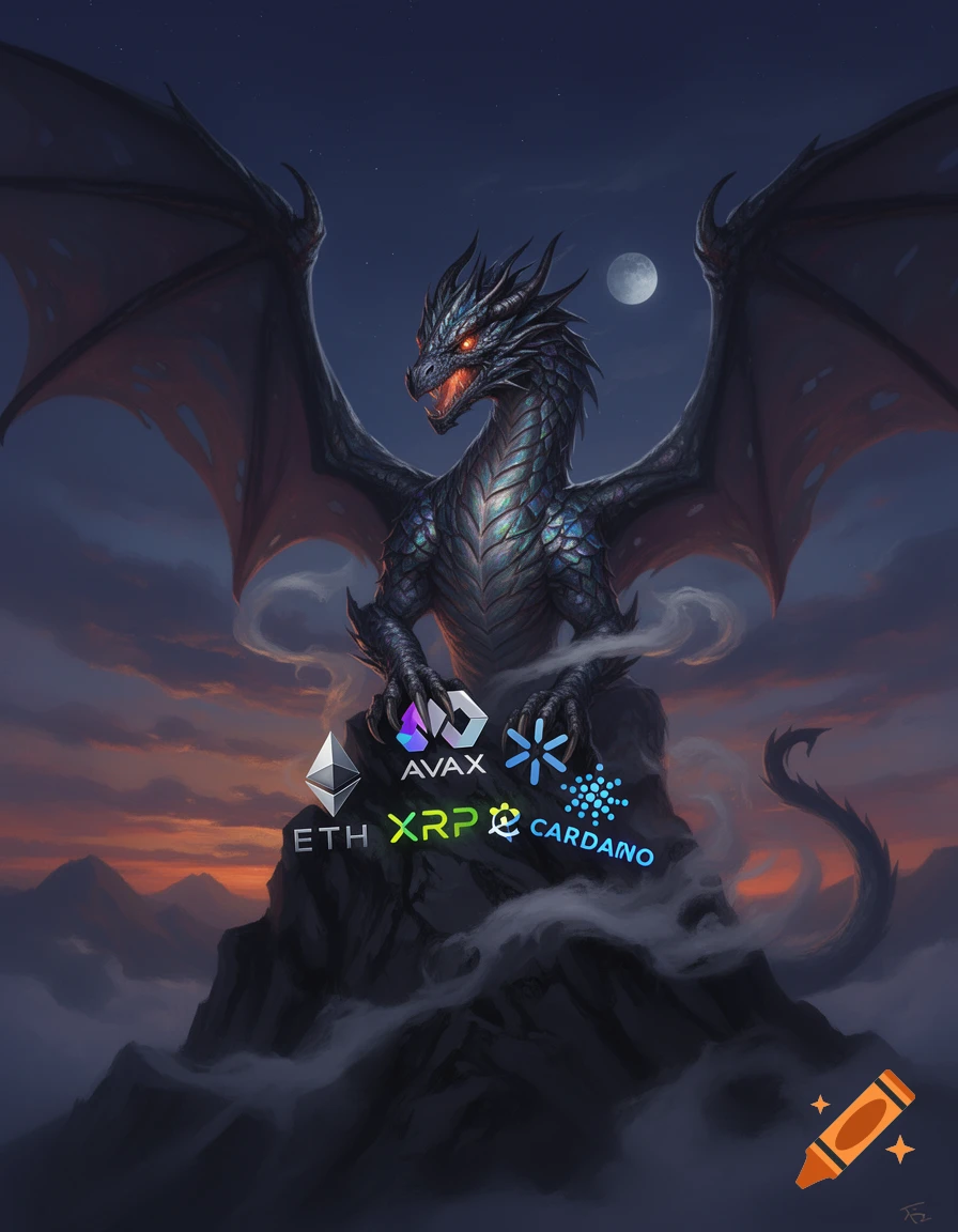 A fierce black dragon with iridescent scales and glowing red eyes stands atop a rugged mountain, guarding various cryptocurrency logos including ETH, AVAX, XRP, and Cardano, under a full moon at dusk.
