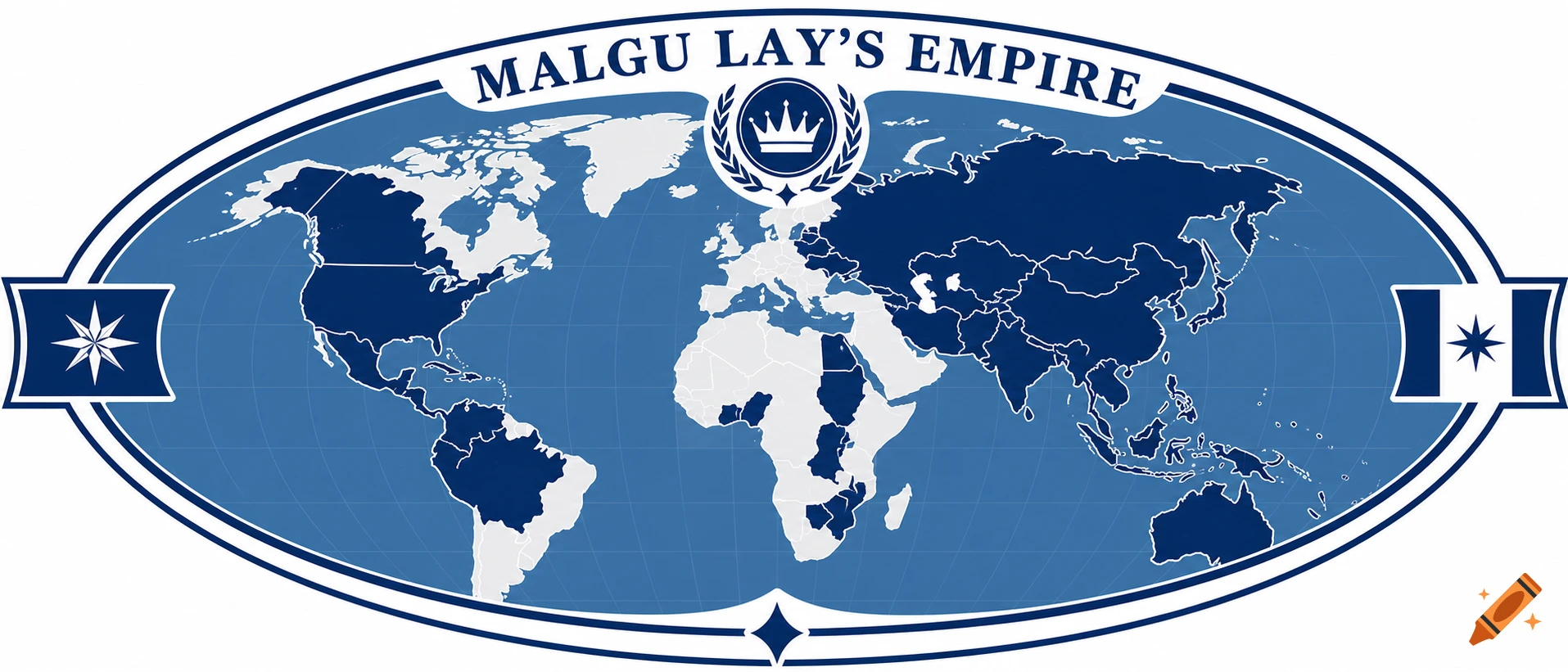 A blue and white oval world map displaying "MALGU LAY'S EMPIRE" at the top, with a crown logo and two side flags.