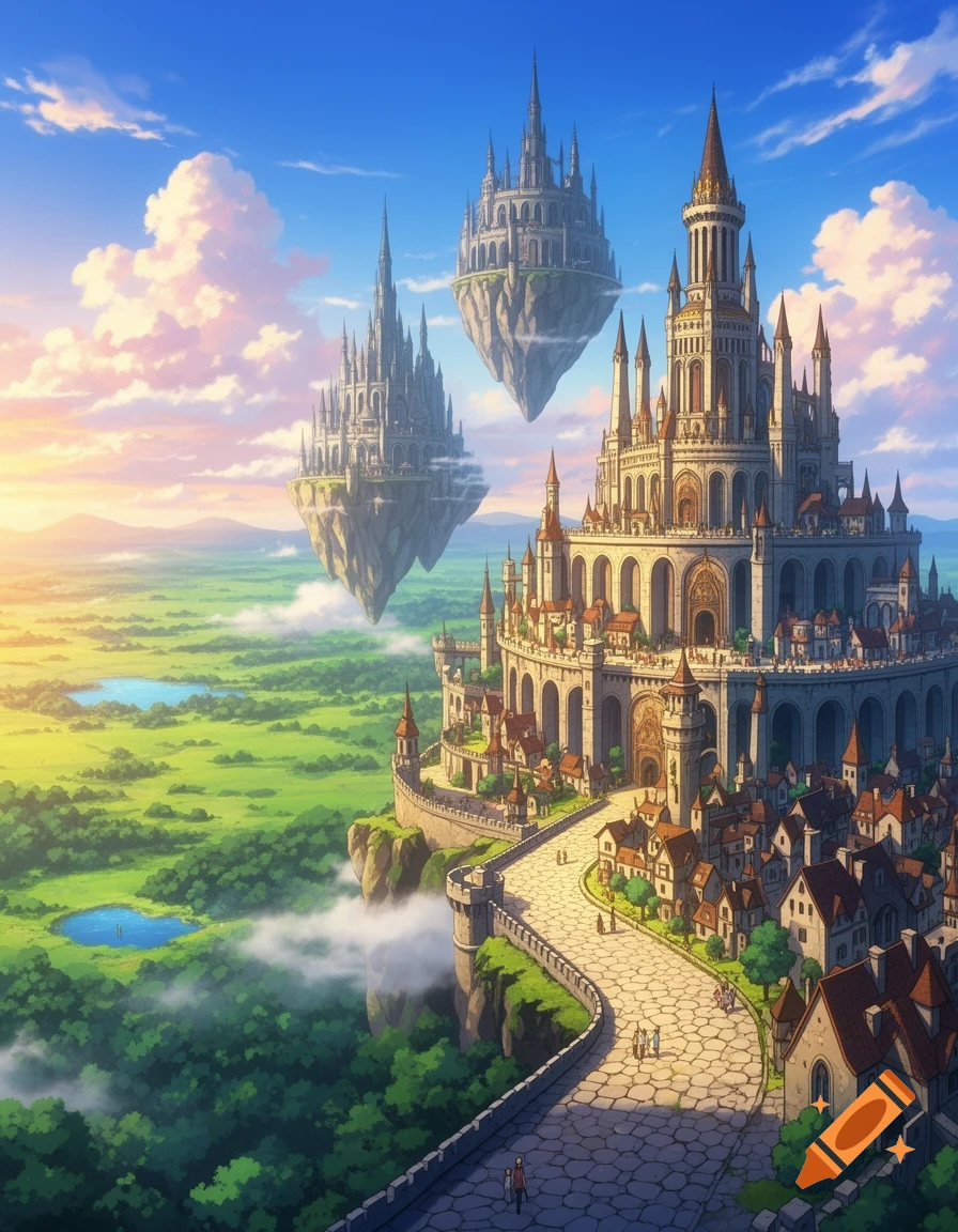 Anime fantasy landscape: a grand castle city on a cliff, with two floating castles in the sky above a green valley.