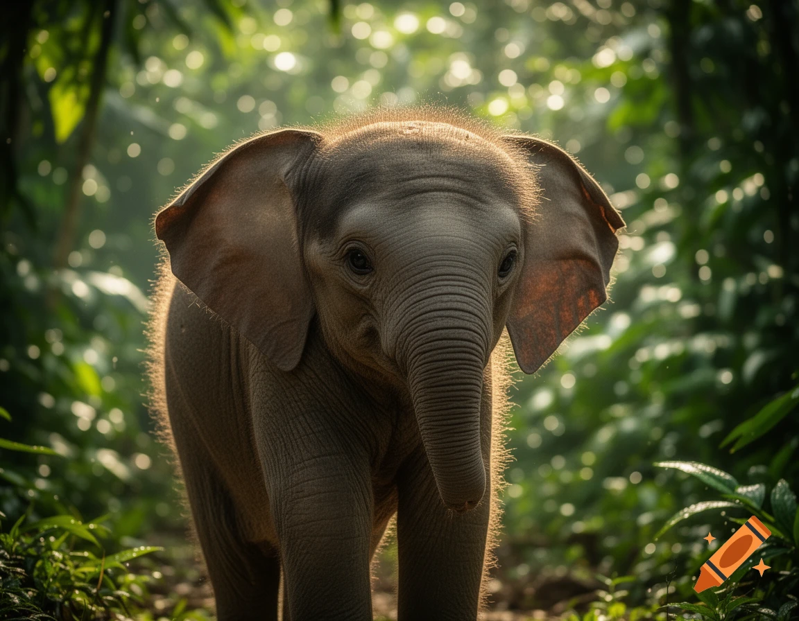 A close-up of a baby elephant with large ears standing in a sunlit jungle, looking forward.