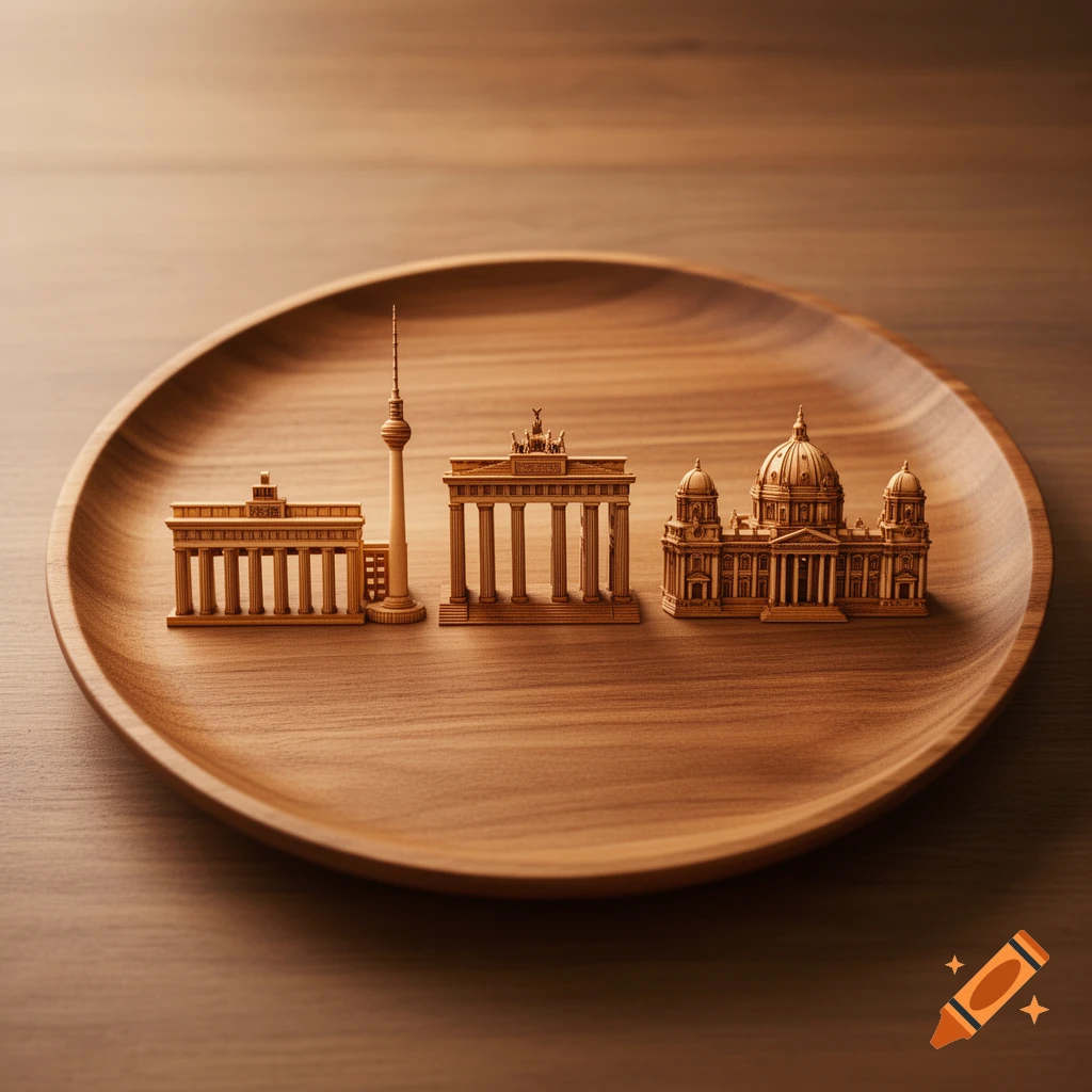 Three detailed wooden models of Berlin landmarks, including the TV Tower, Brandenburg Gate, and Cathedral, on a round wooden plate.
