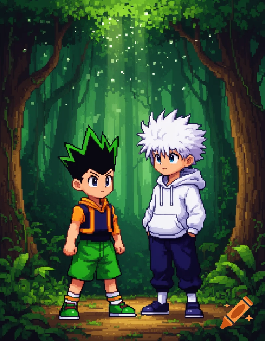 Pixel art illustration of Gon and Killua from Hunter x Hunter standing in a lush green forest.