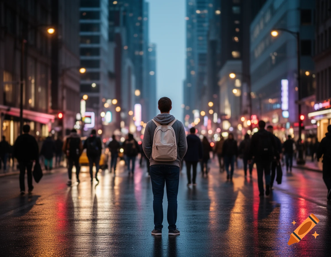 A person with a backpack stands facing away in a busy, wet city street at dusk, surrounded by blurred lights and colorful reflections.