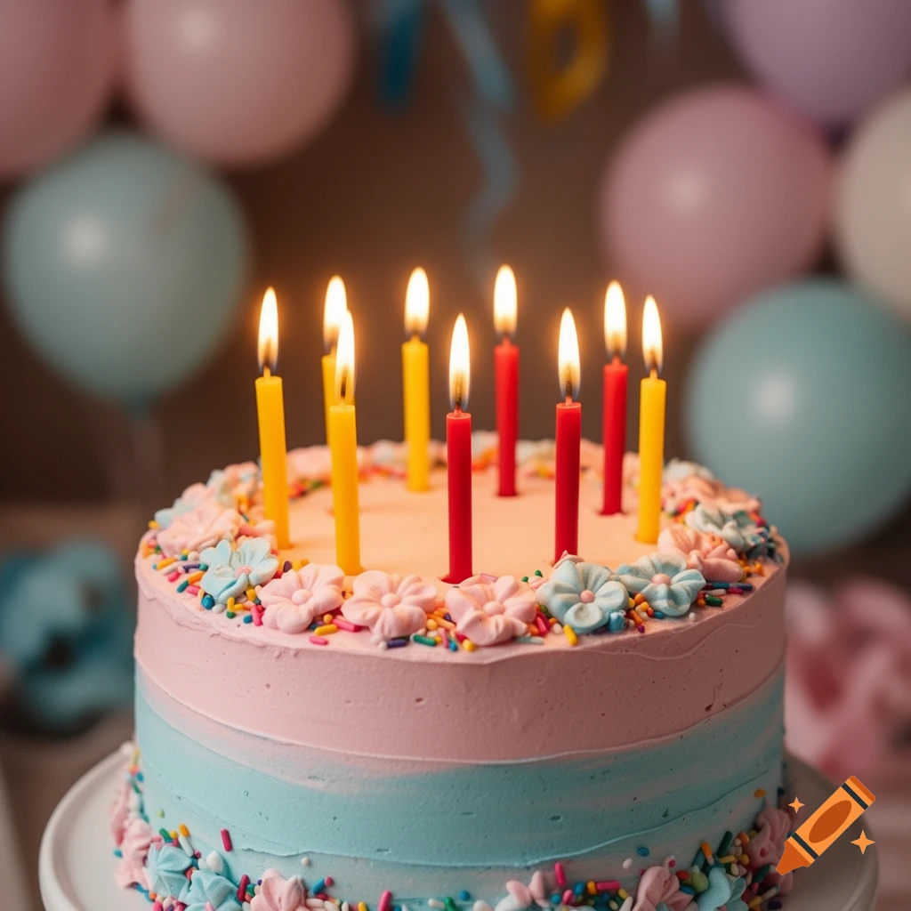 Photorealistic pink and blue birthday cake with eight lit candles and colorful sprinkles, blurred balloons in background.