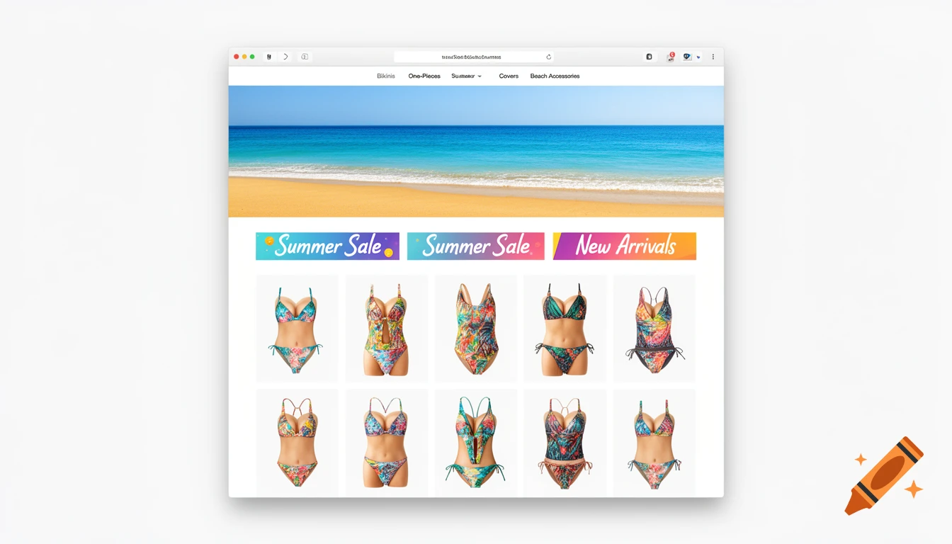 A screenshot of a retail website displaying various colorful bathing suits, bikinis, and one-pieces. The top banner shows a beach scene.