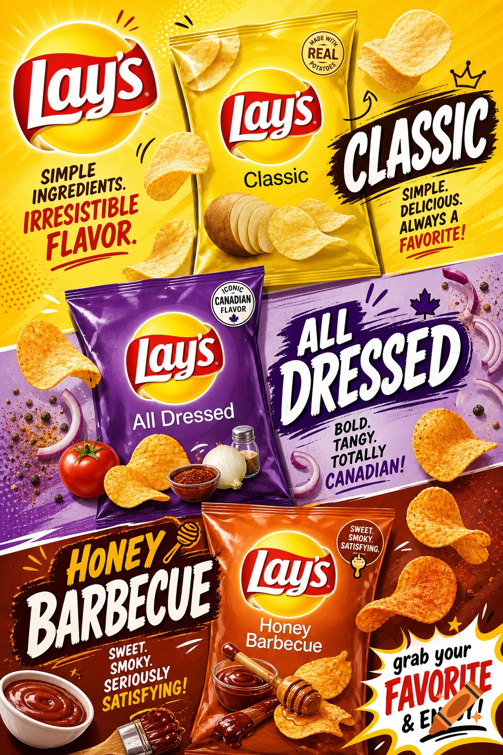 A colorful advertisement showcasing three Lay's potato chip bags: Classic (yellow), All Dressed (purple), and Honey Barbecue (orange), surrounded by chips and ingredients like potatoes, tomatoes, and onions.
