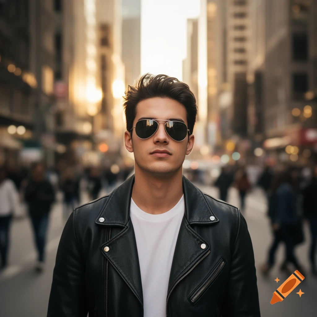 A cool-looking man in sunglasses and a black leather jacket stands in a bustling city street, looking at the viewer. Photorealistic style.