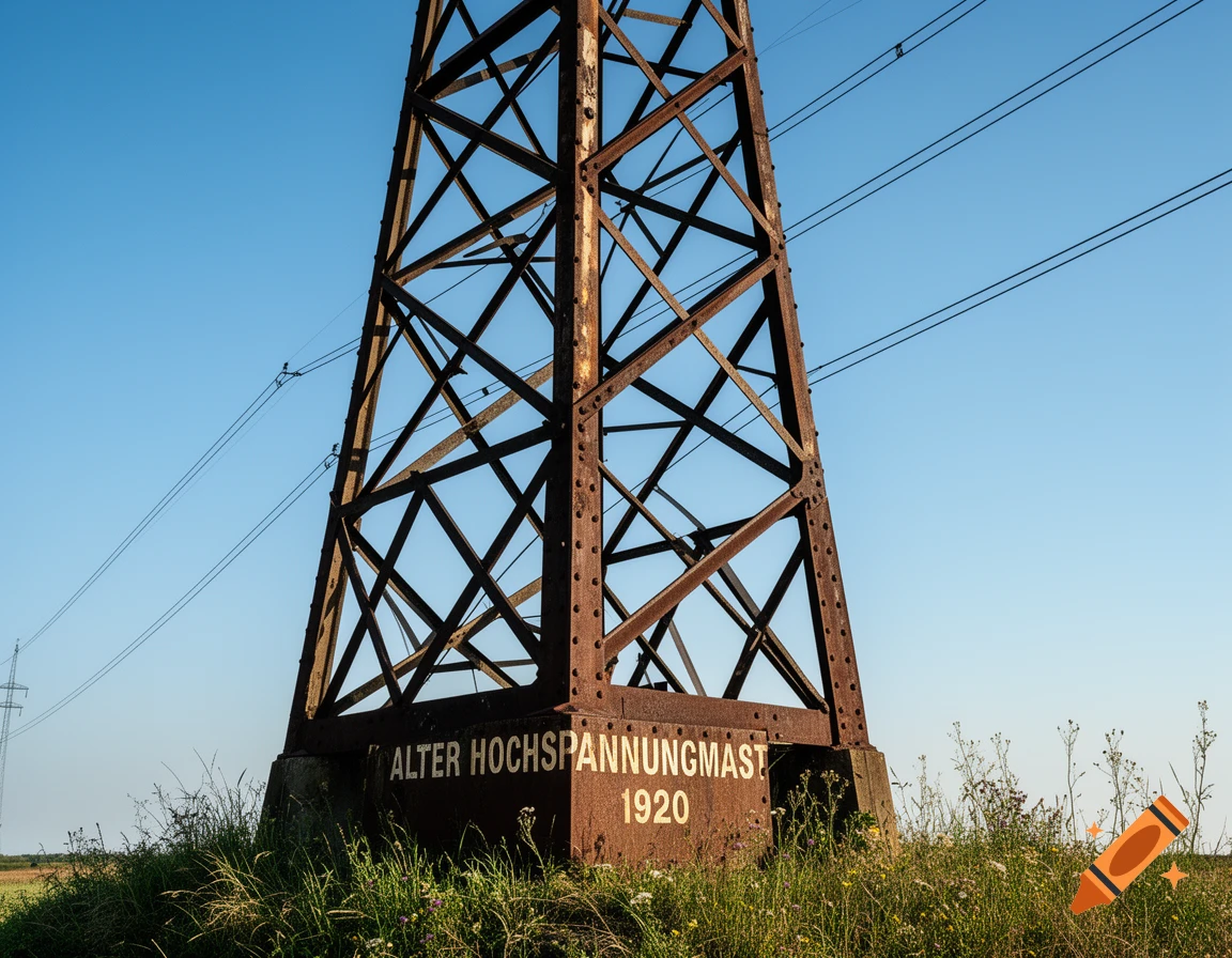 A photorealistic image of a rusty old high-voltage power pylon in a grassy field under a clear blue sky. Text on its base reads 'ALTER HOCHSPANNUNGSMASST 1920'.