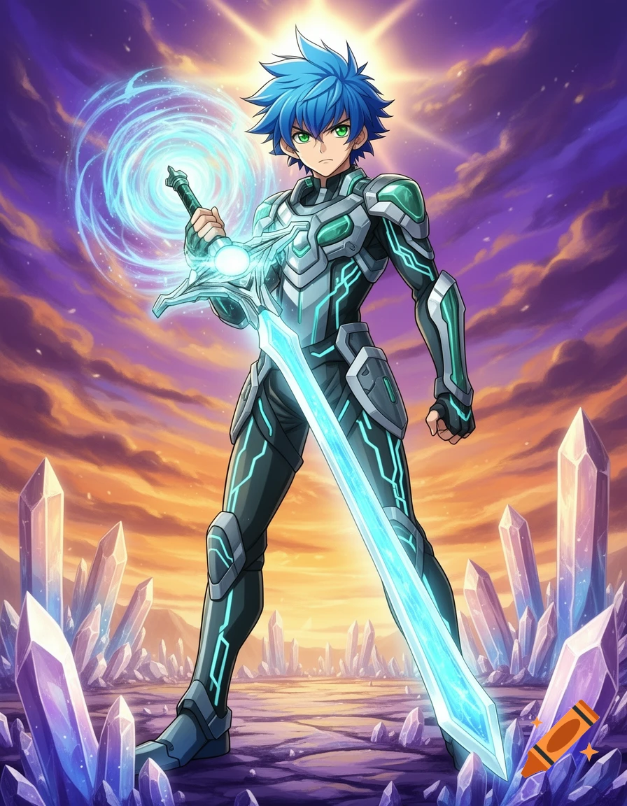 Anime warrior with blue hair and green eyes in futuristic armor, holding a glowing blue sword, standing among large crystals under a vibrant sunset sky.