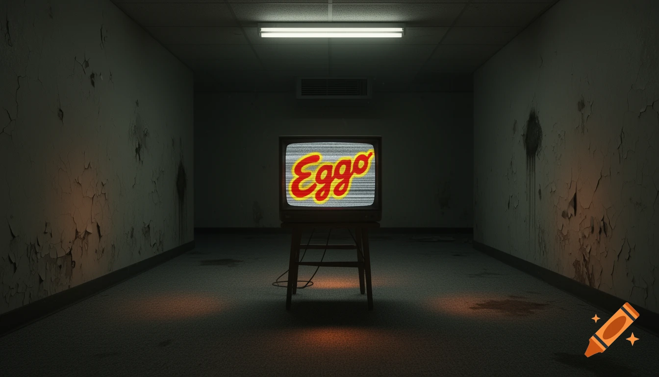 An old television displaying the Eggo logo with static, sits in a dark, decaying hallway with peeling paint.