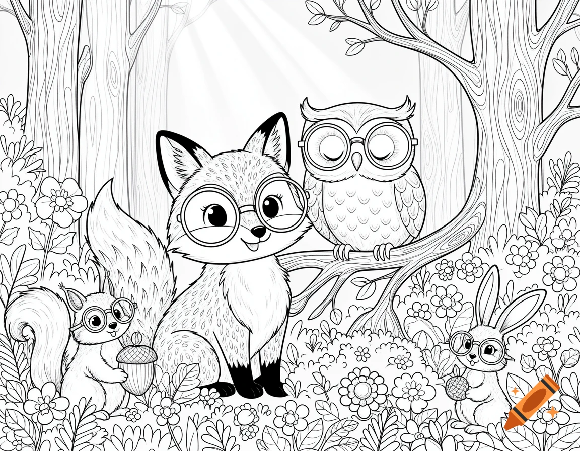 Black and white line art coloring page of a fox, owl, squirrel, and rabbit all wearing glasses in a whimsical forest setting.