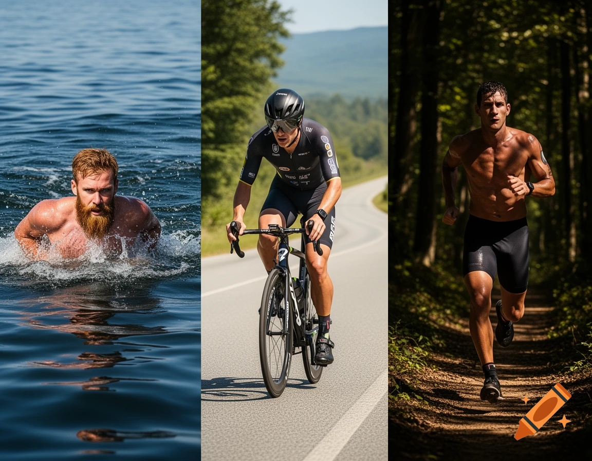 A triptych showing a bearded man: swimming in open water, cycling on a road, and running on a forest trail, all photorealistic.