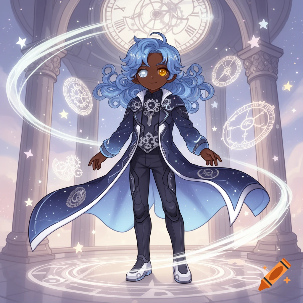 An anime character with curly blue hair and heterochromatic eyes, wearing a blue and black coat with gear designs, stands in a clock-themed setting with floating gears and stars.