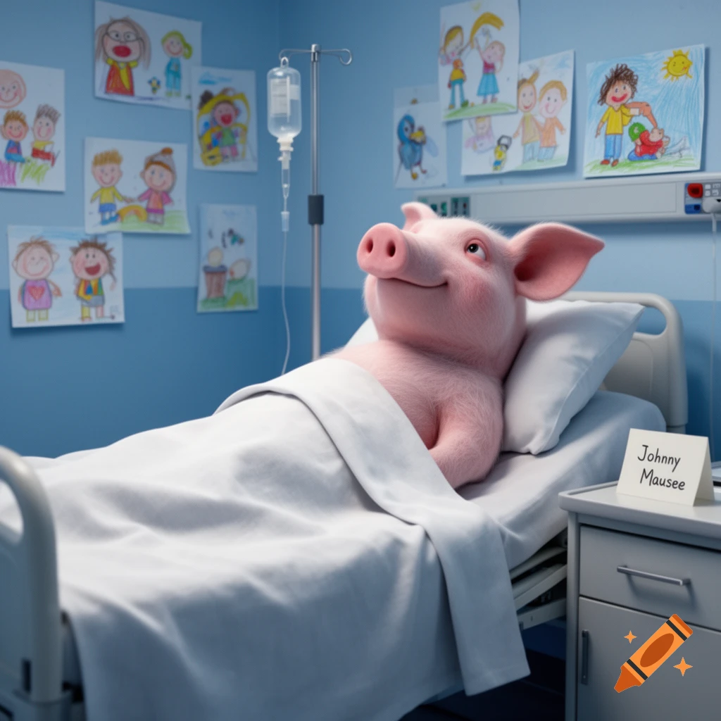 A smiling pink cartoon pig lies in a hospital bed with an IV drip, surrounded by children's drawings on a blue wall. A sign says 'Johnny Mausee'.